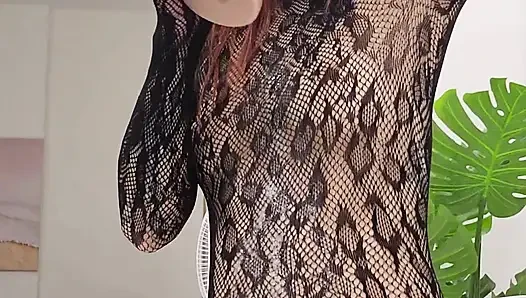 Sloppy Deepthroat & Pussy Slapping in Sheer Fishnet Bodysuit