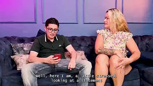 My grades in class aren't the best, so my blonde MILF stepmom fucks my big nerd cock as punishment.