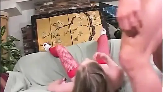 Sexy slut in red fishnet stockings in room gets twat licked and fucked