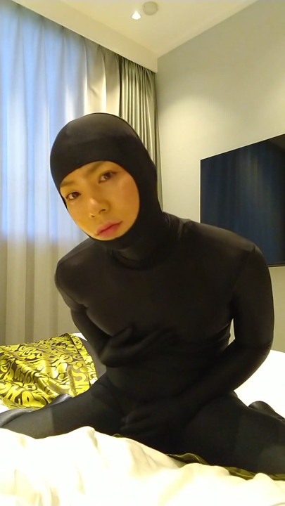 Japanese crossdresses masturbate wearing open face zentai | Clip 1