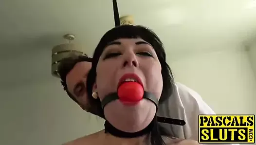 Gagged Sexy Cleo masturbates with Pascals helping hands