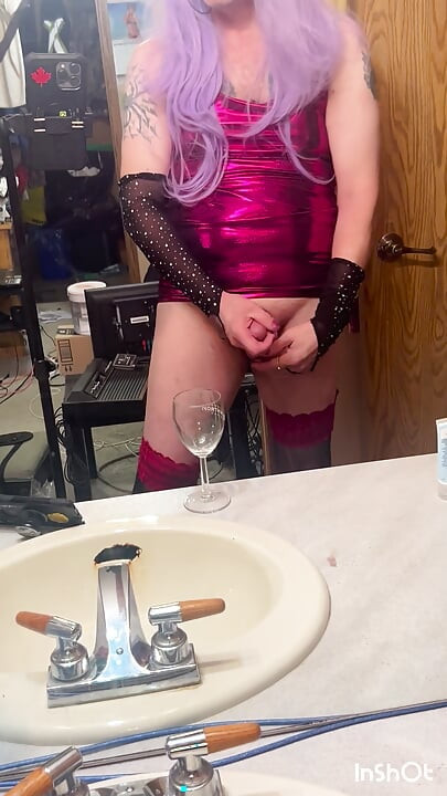 Crossdresser in Purple Masterbating with Cum Drinking Finish!