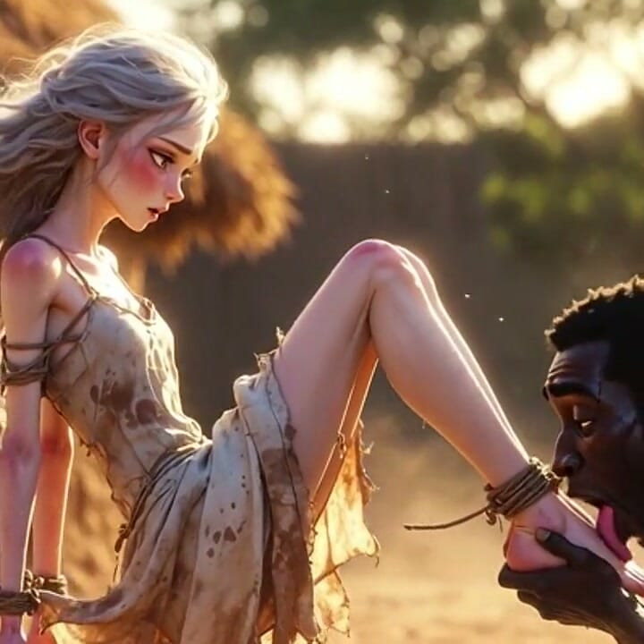 White Woman in Bondage - African Man Passionate Foot Licking