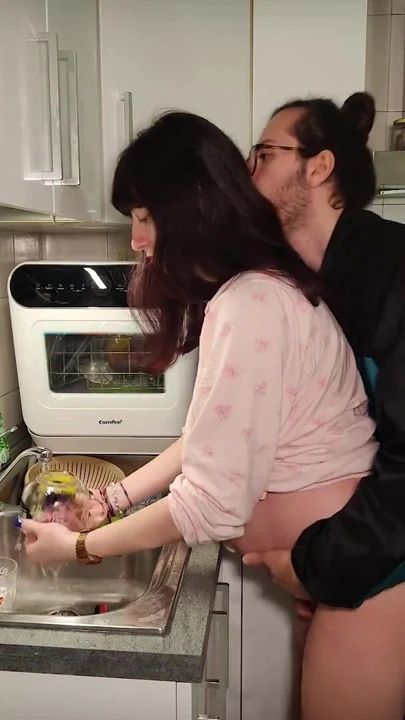 PREGNANT does titjob in the kitchen after WASHING the dishes | Clip 1