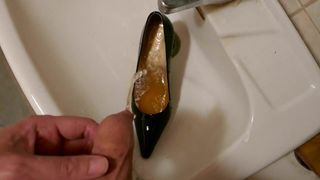 Piss in wifes black patent high heels