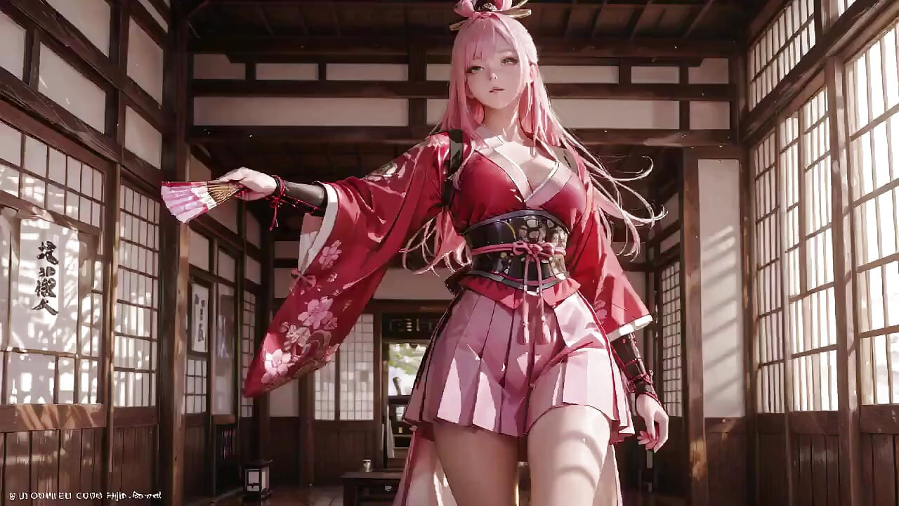 Crimson Samurai! Pink-haired Warrior Kneeling on Tatami, High-slit Kimono Slipping to Reveal Snowy Thighs.