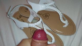 Cum on her new white Primark summer sandals