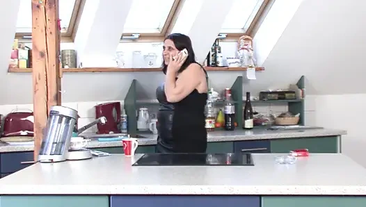 Thick German bitch rides dick in the kitchen