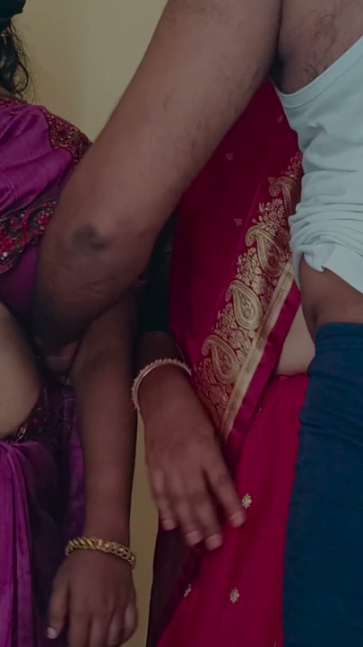 Sisters enjoying threesome romance in bed with neighbour batchelor men | Clip 1