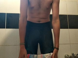Me pissing in striped swimsuit and workout tights