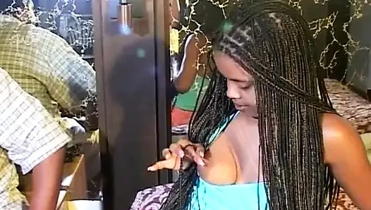 Cute ebony slut blowing cock and getting pussy drilled by horny fella