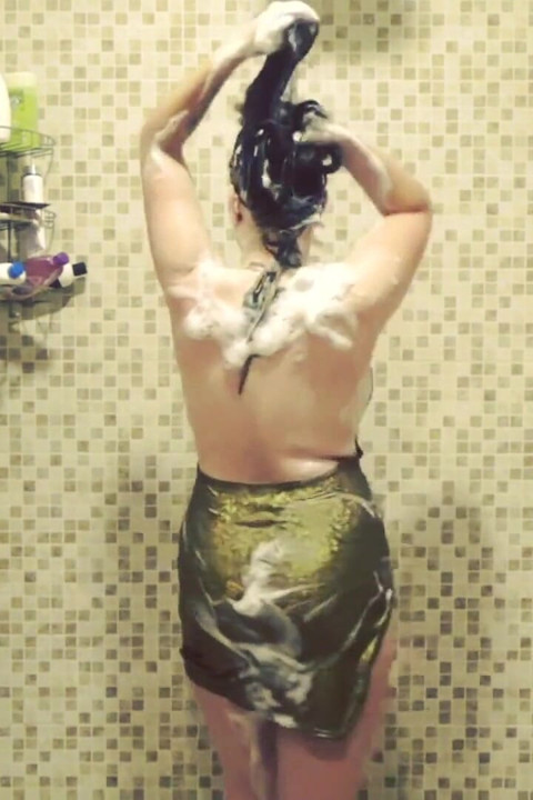 Dripping wet in clothes on shower & seductive hair washing