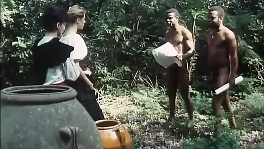 Black and white medieval party in the forest