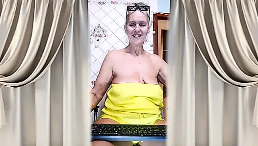 Cheerful Housewife Lukerya Shows Her Bare Feet in Kitchen. Mature Soles and Toes Close Up