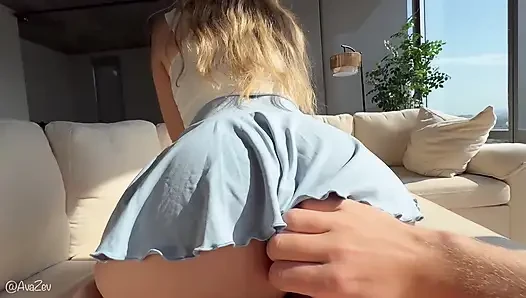 Blonde slut in a short skirt needs her pussy filled with cum