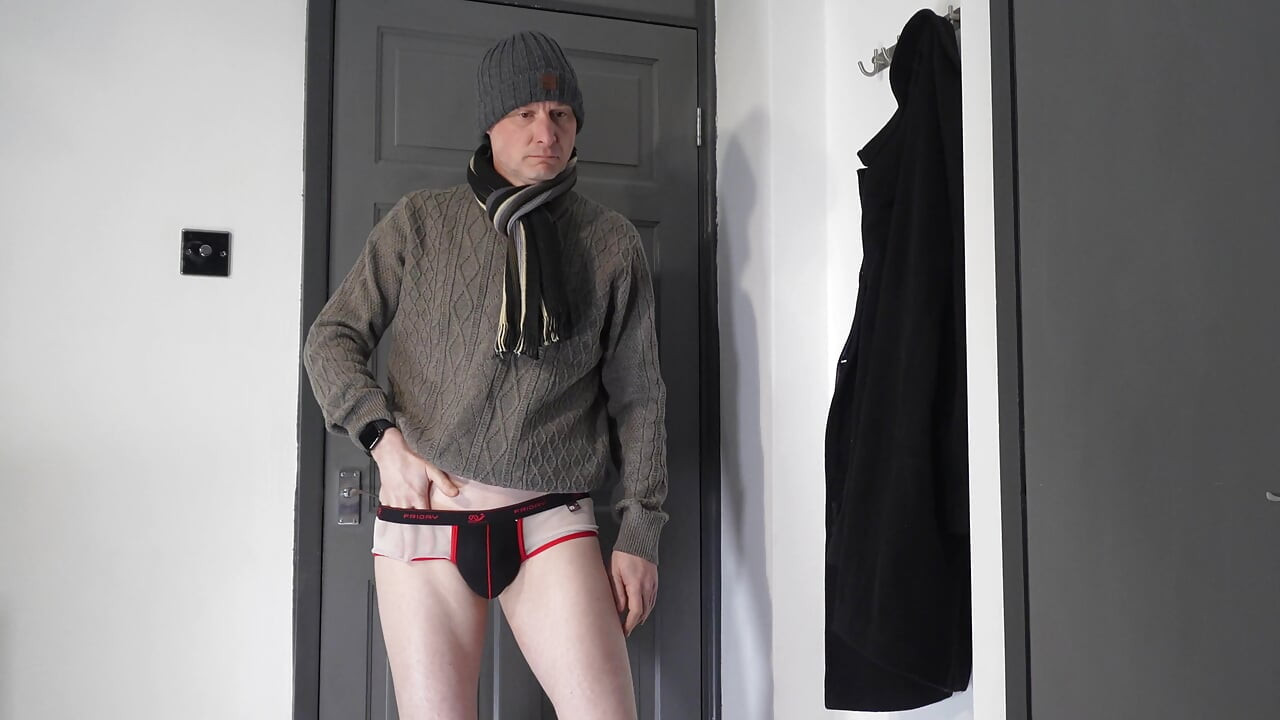 Man strips to just hat wanks his soft little cock till he cums, cum sprays as he ejaculates from his uncut shaved erection