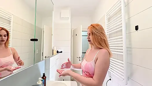 Incredibly hot sexy authentic big tits redhead in the bathroom in a long elegant night dress teases and flashes her private par