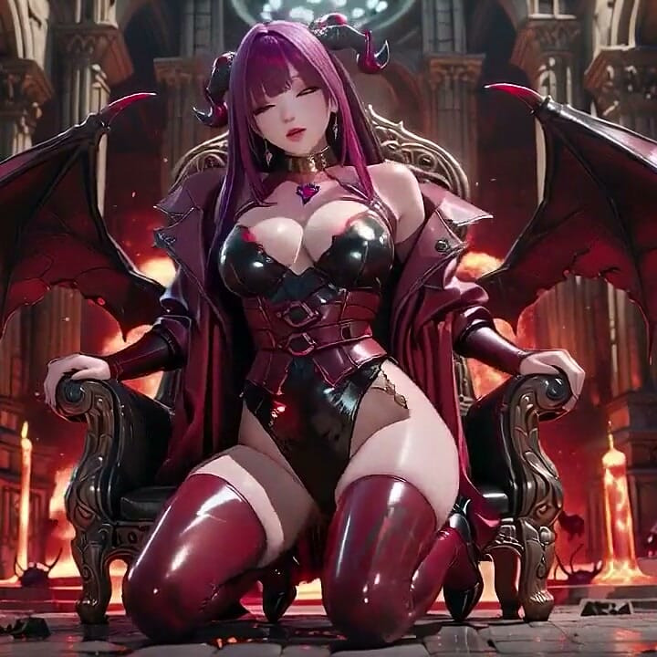 Purple-haired Demon Queen Arrives! Red Thigh-highs Against a Stark White Backdrop