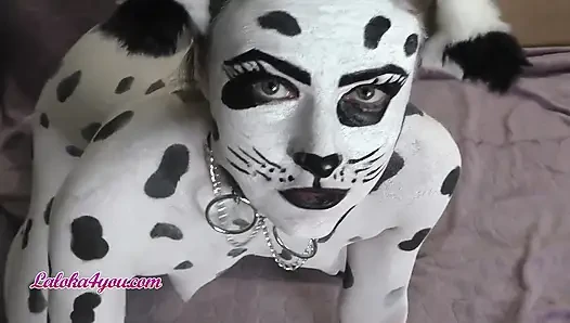 Beautiful girl in Dalmatian costume playfully rides Cavalier's big dick