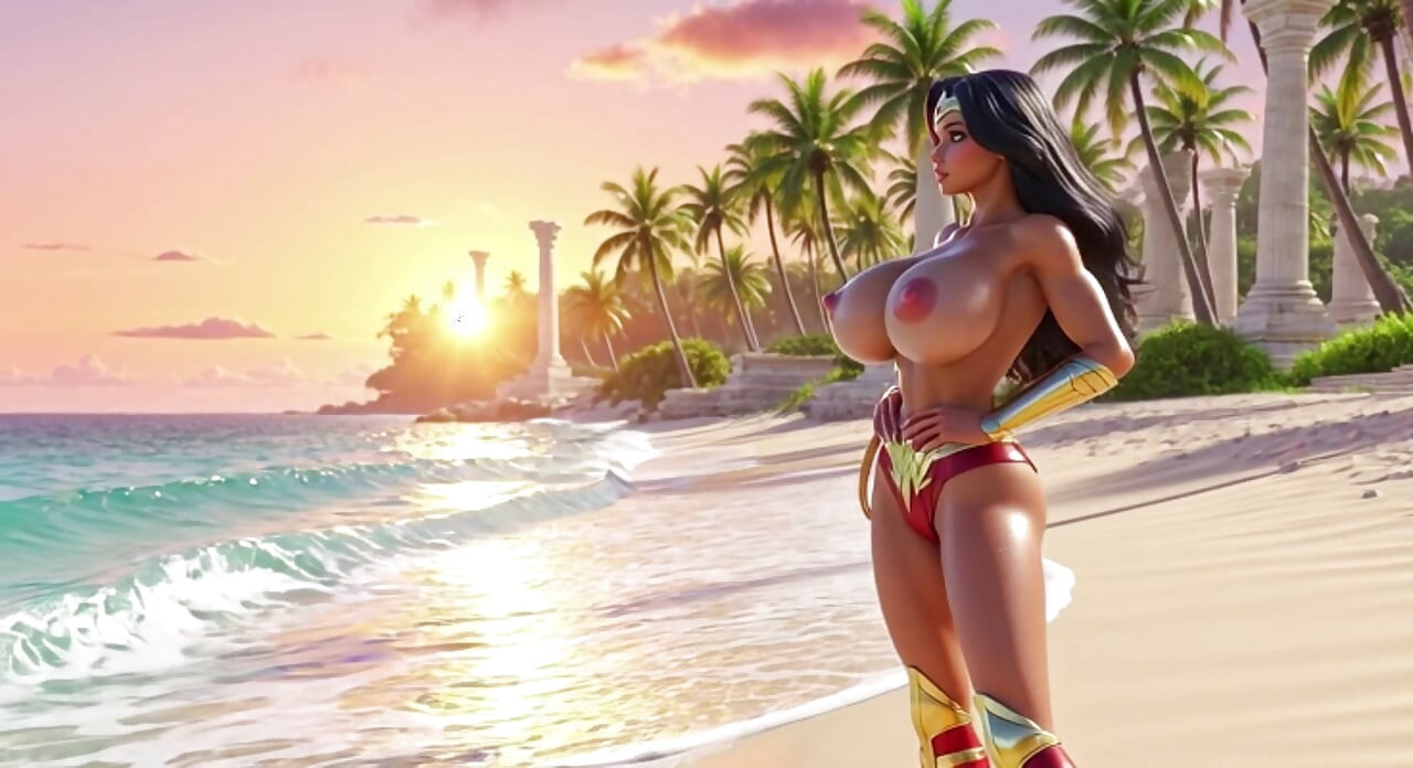 Wonder Woman χαλαρώνει γυμνή στο Themyscira Paradise Island με κρυστάλλινη λιμνοθάλασσα και ισχυρό καταρράκτη