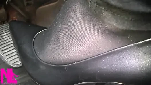 Pedal Pumping in Black Pantyhose and Grey Patent High Heels
