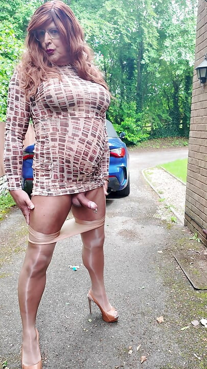 Crossdressing kellycd2022 in my nylon mesh dress and shiny seamless pantyhose and heels