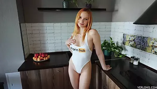 Petite housewife lets her tall lover fuck her ass and pussy in the kitchen