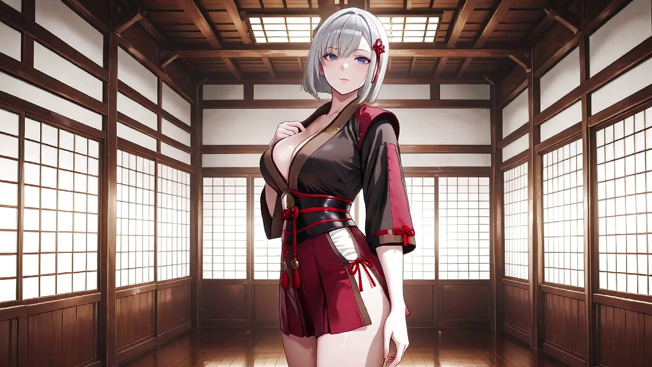 Silvar-heyard samuraee ka praivet dojo! laal aur kaale kimono thora khula huaa, donon haathon men talvaaren lekin behad seksi luk.