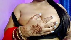 Hot sexy desi solo girl shows her own nipples by pressing her boobs while playing self role in the desire of self sex