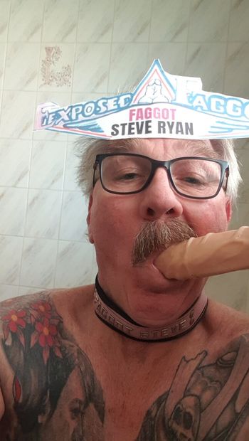 FAGGOT STEVE RYAN PRACTICING SUCKING COCK ON HIS COCK DILDO