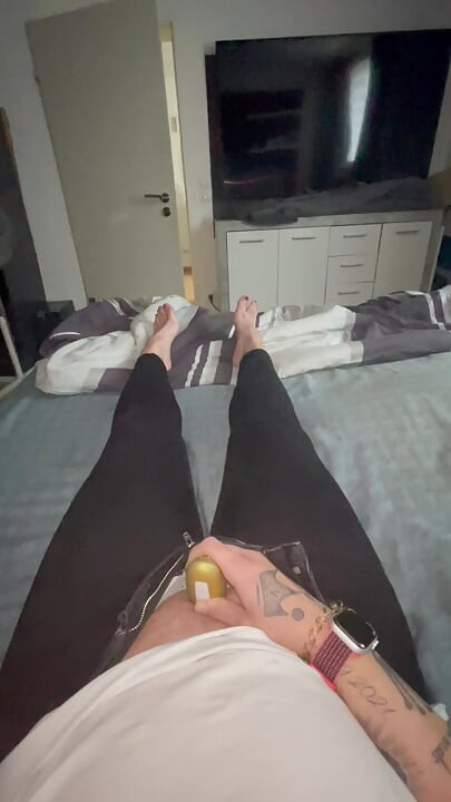 Close-up foot fetish wet tight wet pussy gets satisfied with golden vibrator to intense climax trembling twitching moaning horny