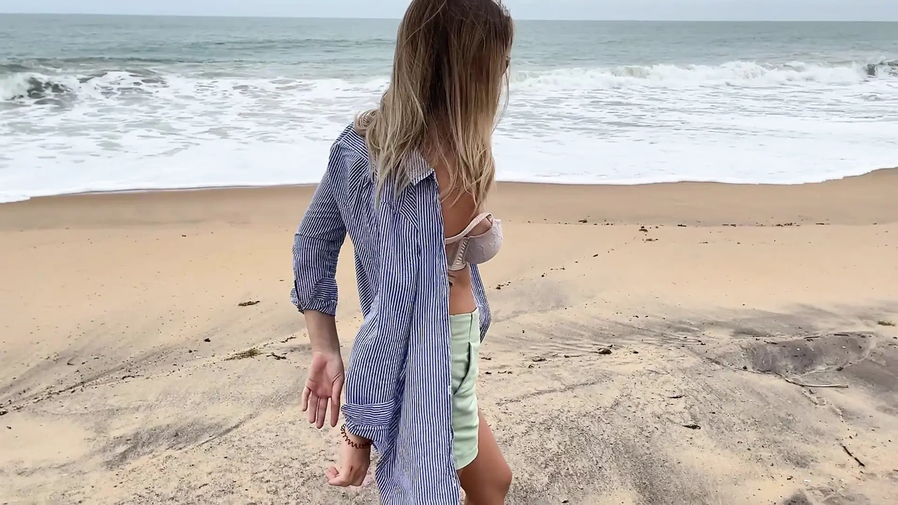 Blonde with Big Tits Walking Topless Outdoor