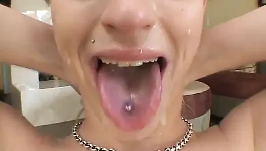 Blonde gets mouth filled by five stud's cocks then face covered with cum