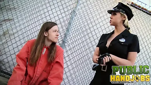 Handjobs Cop Sarah Vandella Jerks Prisoner Outdoors