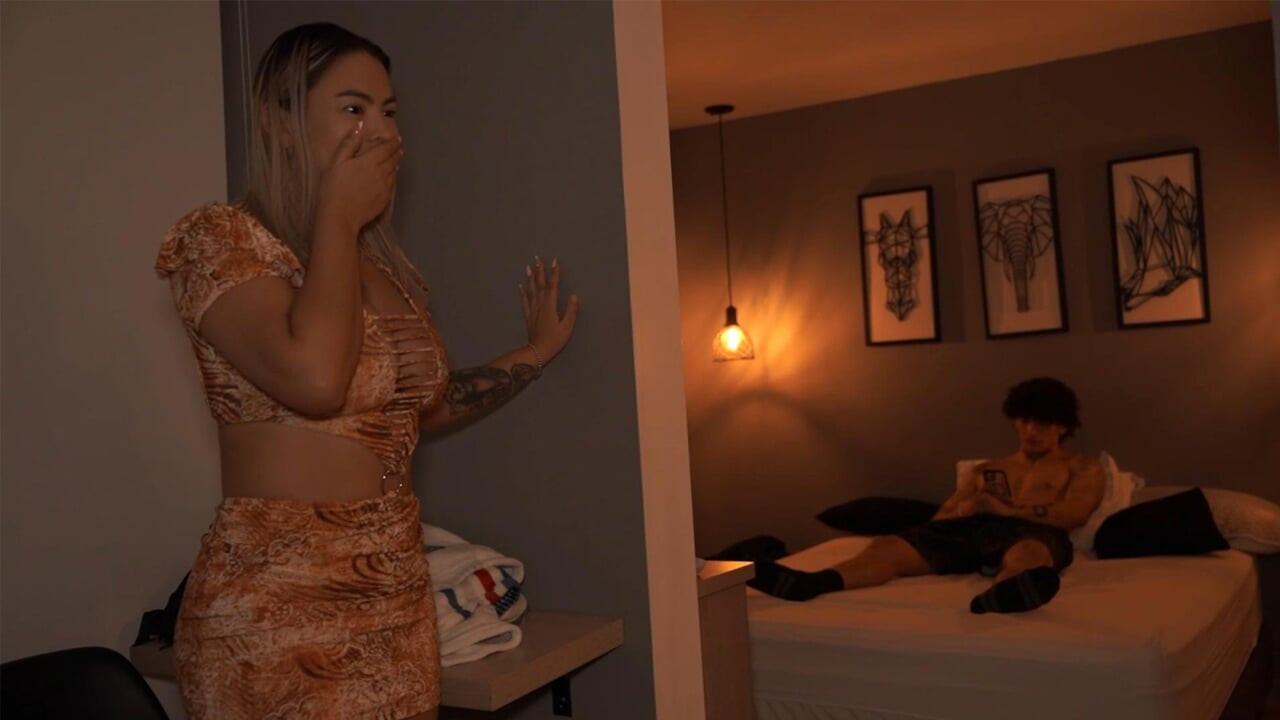 My busty stepmother catches me touching myself in her room!