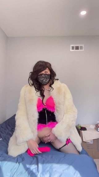 Asian sissy crossdresser in fox fur coat jerks off