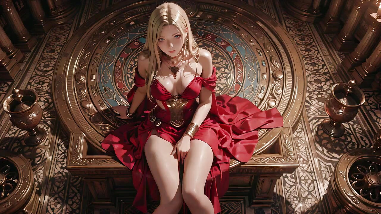 Blonde Königin in Rot! Am Brunnen sitzend, ihr Schlitzkleid zurechtrückend... Augen auf dich gerichtet.