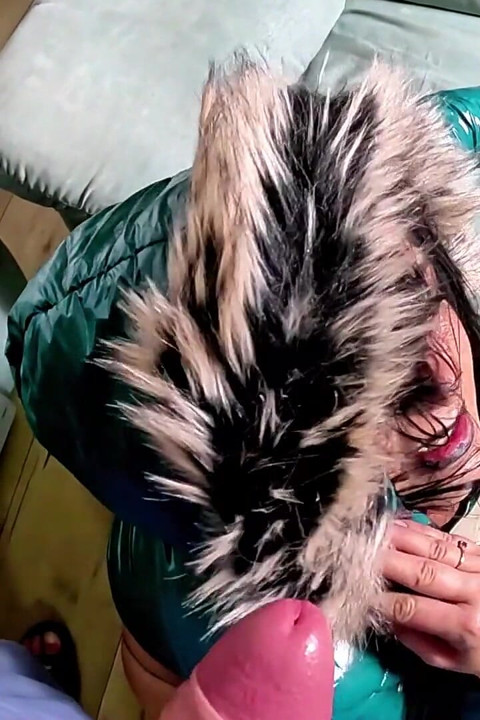 Glossy Fur Hooded Downjacket POV. Deepthroat, Sleeve Play, Riding and Double Cum