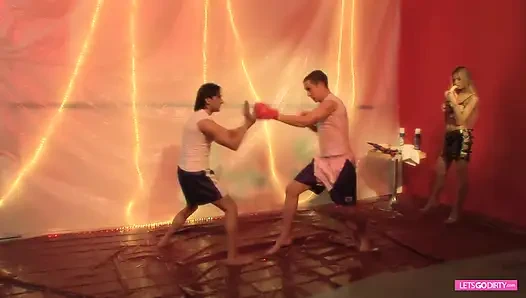 Messy threesome action with hot blonde babe