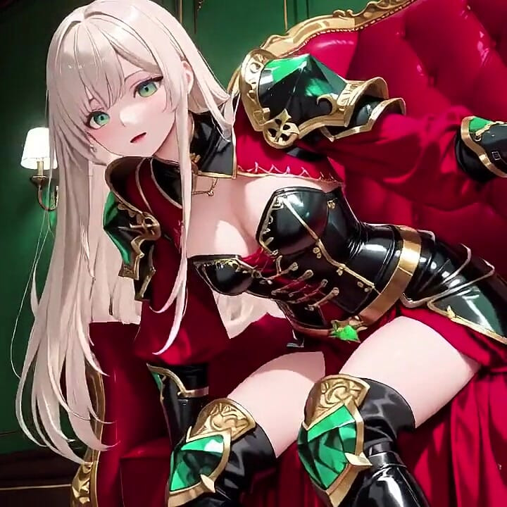 Forbidden Fantasy in Red & Green Armor! Blonde Knight Lounges Seductively While Her Silver -haired Partner Kneels to Serve