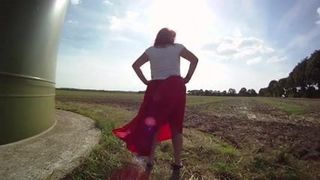 RED SATIN SKIRT WIND