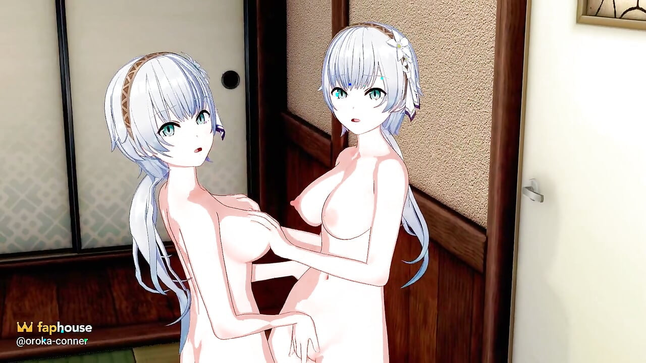 Zwei weißhaarige schönheiten berühren und befriedigen sich - hentai 3D