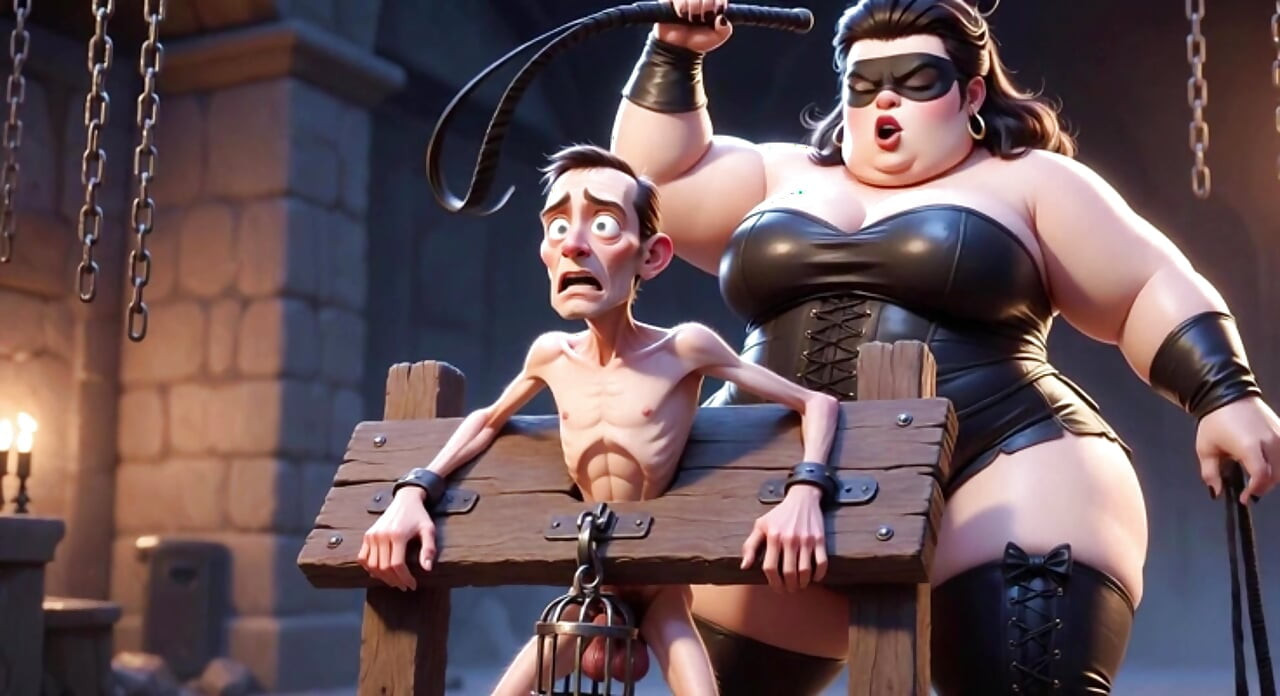 Fat Dominatrix Whips Slaves Caged Penis - Extreme Humiliation
