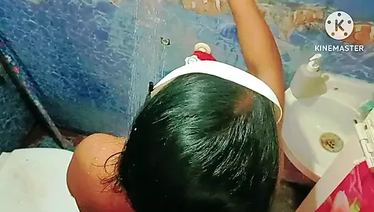 Sexy huge boobs desi girl gave a hot blowjob for his boyfriend in the bathroom and he cum on her hair