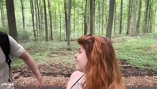 My Fan Has a Huge Cock - French Amateur Hiking Public Sex Hairy Redhead Fucking in Forest