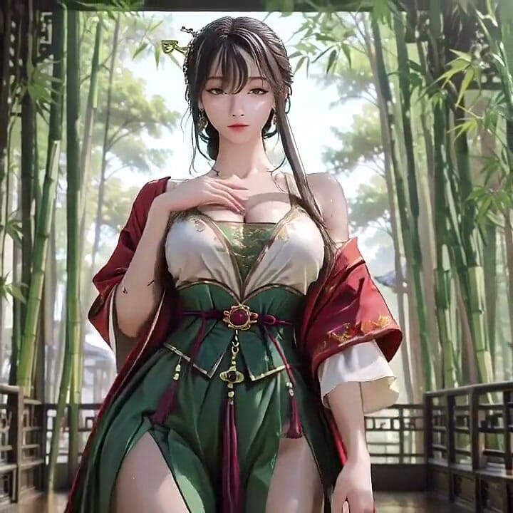 The Red-robed Goddess in a Sun-dappled Secret Garden, Lazily Turning Her Head with Golden Halos and a Coy Smile.