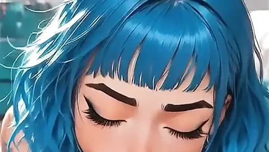 Alternatives blauhaariges AI-mädchen gibt einen blowjob und bekommt sperma in den mund
