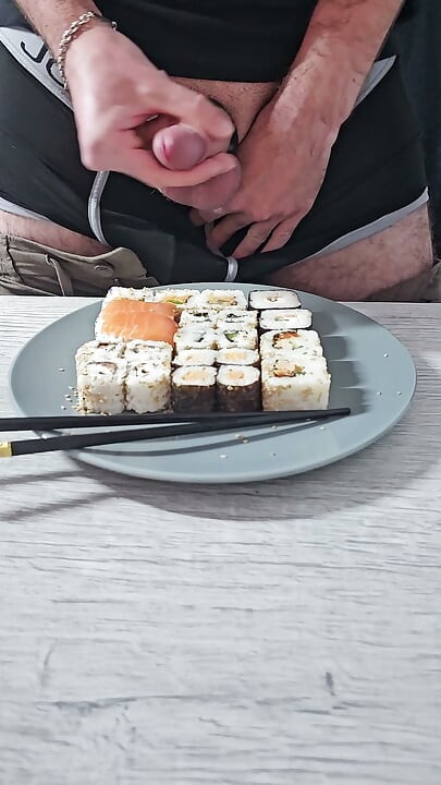 Hand Free Cum On Maki And Sushi