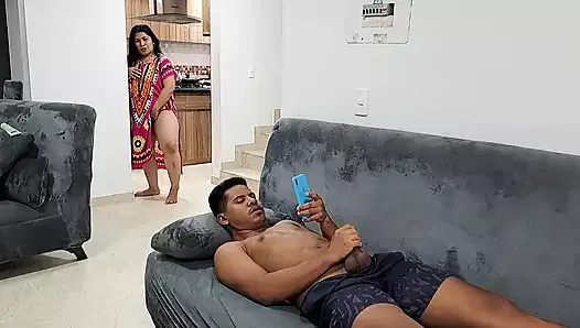 My stepmother watches me masturbate and gets horny, caresses her pussy too