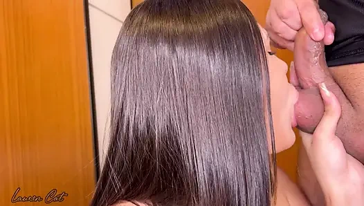 Kitten Before Her Workout, Sucking Milk From Her Man